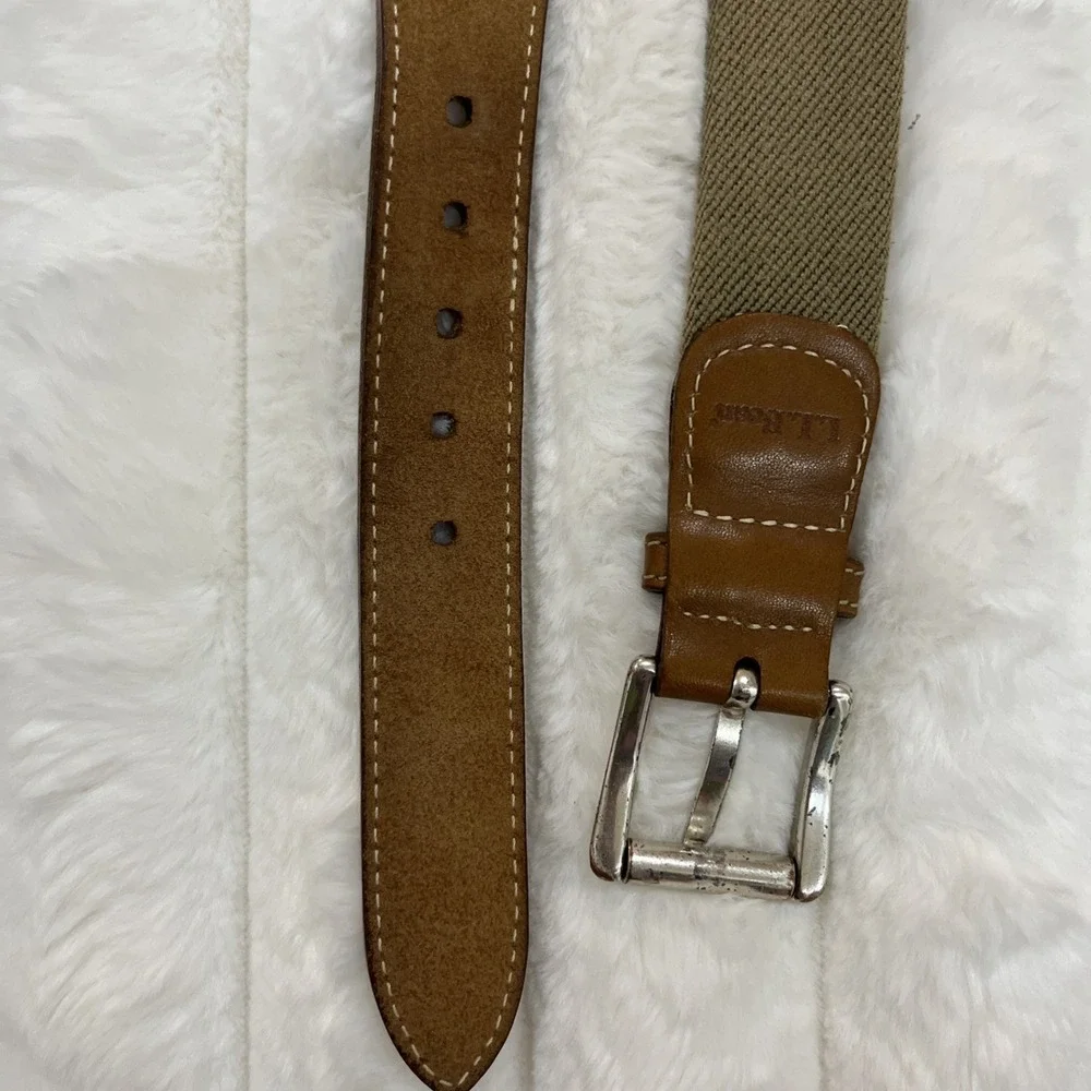 L.L. Bean‎ Stretch Canvas Belt Mens 46 Brown Leather Trim Khaki Woven Excellent